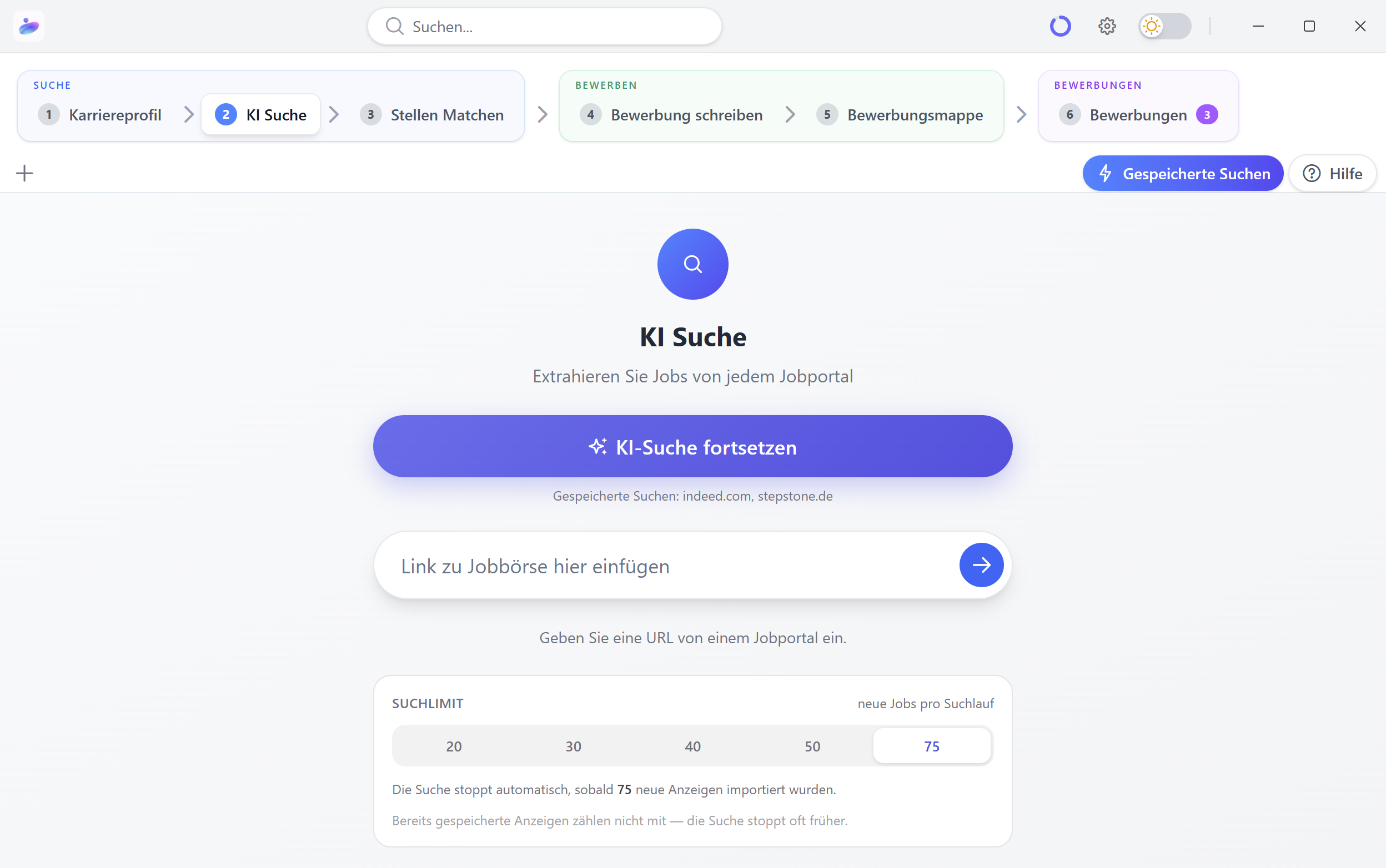 KI-Suche in myjobapply: die KI durchsucht selbstständig Jobbörsen nach passenden Stellen